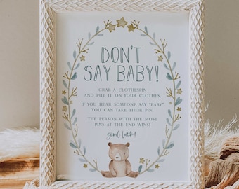 don't say baby game sign // bear baby shower, woodland theme, baby shower, bear theme, baby shower signs, printable sign, gender neutral