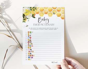 emoji pictionary game // bee baby shower, bee theme, baby bee, gender neutral, yellow floral, bees, printable baby shower game