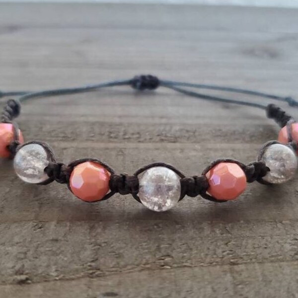 Orange Bracelet, Beaded Bracelet, Orange Faceted Beaded Bracelet, Galaxy Beaded Bracelet, Square Knot Bracelet, Beaded Bracelet