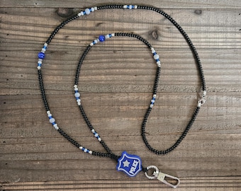 Police Lanyard, Black, Grey, White, Blue Lanyard, Beaded Lanyard, ID Badge Holder, Teacher Lanyard, Nurse Lanyard, Student Lanyard