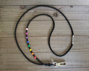 Rainbow Lanyard, Chakra Lanyard, Black Lanyard, Beaded Lanyard, LGBTQ Lanyard, Beads, ID Badge Holder, Cruise Card