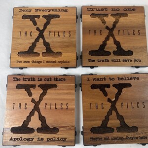X-Files Wooden Coasters: Laser Engraved Sci-Fi Decor, Set of 4