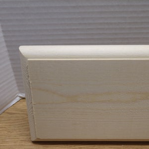 May include: A close-up of a plain, unfinished, white wood board. The board has a slightly rounded edge and a smooth surface.