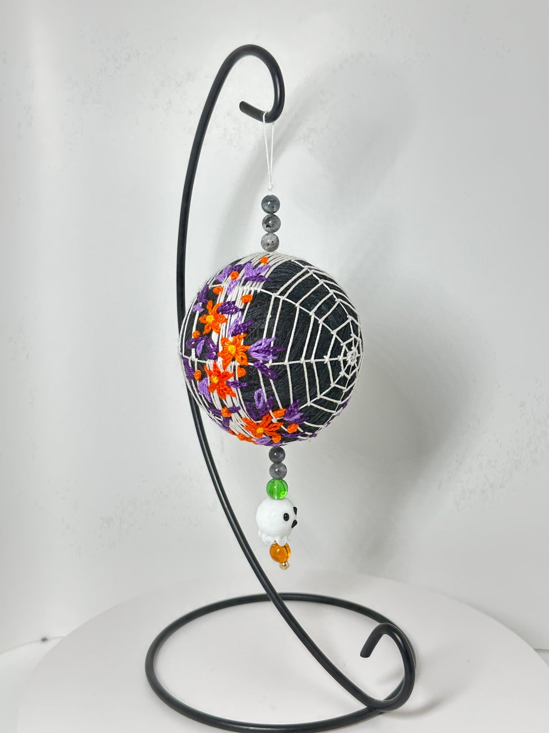 Ghost And Bat Blown Glass Ball Halloween Ornament 3.25 Inches