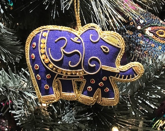 Hindu Om Elephant Holiday Ornament - Silk with Zari Embroidery