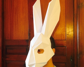 Puede incluir: Una máscara de conejo de papel blanco con formas geométricas. La máscara la lleva puesta una persona con el pelo castaño y una camisa azul claro.