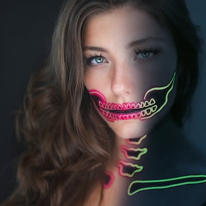 Neon Skull Face Tattoo for Halloween – Pink Glow in the Dark Face Tattoo, Skeleton Costume | TATTOOCREW