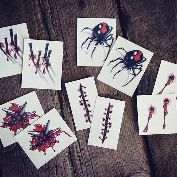 Temporäre Tattoos, Vampir, Halloween, Set, Kostüm, Wunde, Nagel, Spinne, Waffe, Horror,costume temporary tattoo, 5x2 Tattoos included