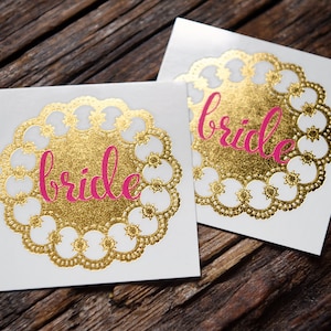Bachelorette tattoo, gold and pink, 2 temporary tattoos, gold tattoo, wedding, bride, bachelorette party, team bride, bride, handdrawn