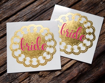 Bachelorette tattoo, gold and pink, 2 temporary tattoos, gold tattoo, wedding, bride, bachelorette party, team bride, bride, handdrawn