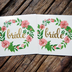 Bride tattoo, 2 temporary tattoos, gold tattoo, wedding, bachelorette, bachelorette party, temp tattoo, team bride, bride, handdrawn, flower