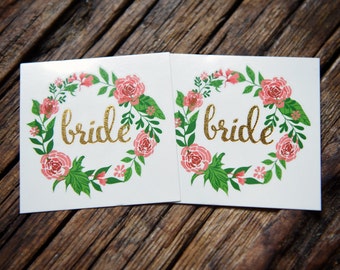 Bride tattoo, 2 temporary tattoos, gold tattoo, wedding, bachelorette, bachelorette party, temp tattoo, team bride, bride, handdrawn, flower