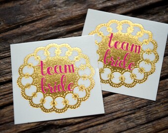 2 Bachelorette Party Tattoos, Team Bride, Gold and Pink, Temporary Tattoos, Gold Tattoo, Wedding, Bachelorette, Team Bride ,Bride, handdrawn