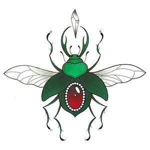May include: A green beetle with red gem eyes and wings, with a crystal above it.