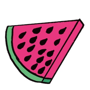 May include: A slice of watermelon with black seeds and a green rind. The watermelon is pink and the seeds are black.
