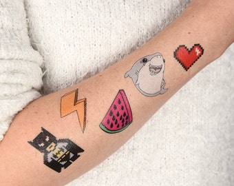 SET (Comic) 5 tattoos: Temporary tattoos, Temporary tattoo, Lightning, Heart, Dark Hero, Shark, Melon