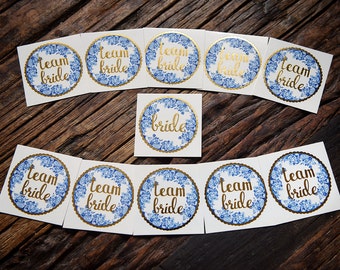 Team Bride + Bride, 11 Temporary Tattoos Blue Flowers, Gold Tattoo, Wedding, Bachelorette, Bachelorette Party, Bride, Metallic, hand drawn