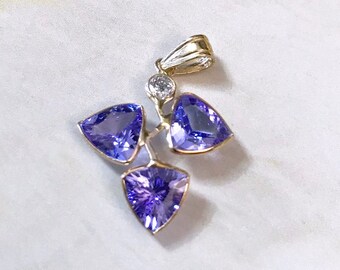 14kt Yellow Gold Natural Tanzanite and Diamond Trinity Pendant, Appraised 1,548 USD, Necklace Pendant, Gemstone Pendant, Birthstone Pendant
