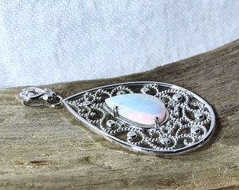 14 kt White Gold Pendant, Pear Shaped Natural Opal Pendant, Appraisal, Gemstone Pendant, Necklace Pendant