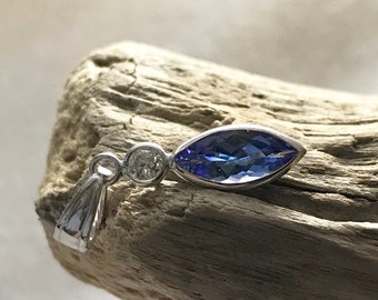 14K White Gold Natural Marquise Cut Tanzanite (1.40 ct) Diamond Pendant, Appraised 1,077 USD