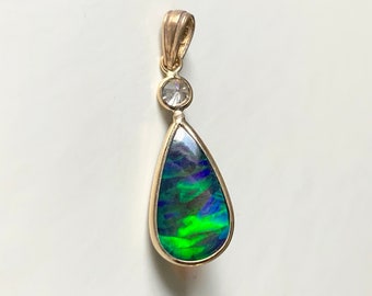 14k Yellow Gold Pendant, Natural black Opal Pendant, Diamond Pendant, Appraisal, Necklace Pendant, Gemstone Pendant, Unique Pendant