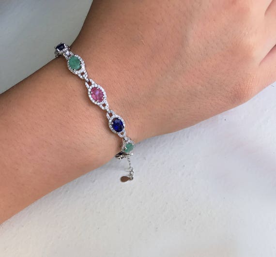 Sterling Silver Bracelet with Natural Sapphire, N… - image 5