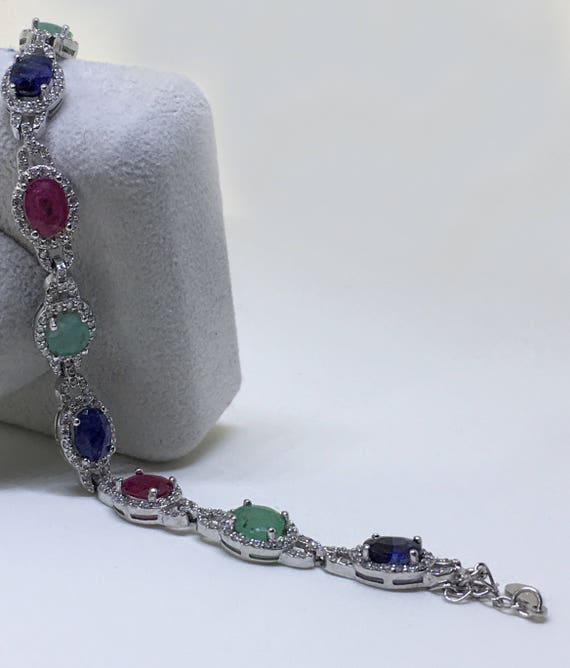 Sterling Silver Bracelet with Natural Sapphire, N… - image 2
