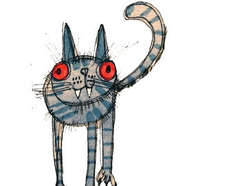 Original cat art, cat illustration, cat with fangs art, pen and ink original cat home decor art, cat art for kids