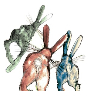 original art hares, 3 hares illustration, original pen and ink art, animal art, hares and rabbits home decor