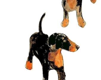 Puede incluir: Ilustración en acuarela de dos perros con marcas negras y canela. Los perros se representan en una pose juguetona sobre un fondo blanco. La obra de arte tiene un estilo caprichoso y artístico, con pinceladas visibles y transiciones de color suaves.