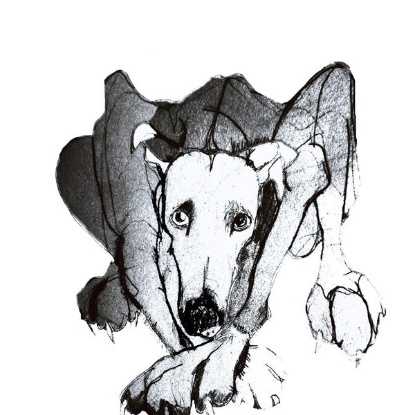 original art lurcher dog, pen and ink illustration of Lurcher, home decor dog art, dog with collar art