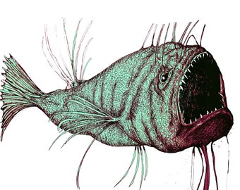 viperfish art, pluma y tinta, arte de criaturas marinas, arte de peces del océano, arte de peces extraños, ilustración de peces, peces de aguas profundas, arte animal, criatura marina