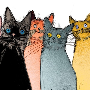 cat art, original art cats, 5 cats art, pen and ink cats, cats illustration, coloured ink cats, cat art, home decor, art for cat lovers,