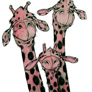 original art giraffe, 3 giraffes illustration. animal art pen and ink giraffe, giraffe home decor, pink giraffes