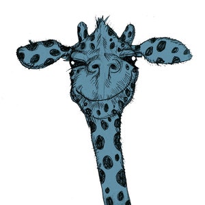 original art giraffe, pen and ink giraffe illustration, blue ink giraffe for nursery, giraffe home decor art