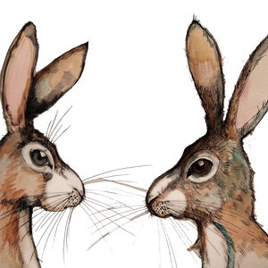 original art hare, hare art home decor, 2 hares art, pen and ink animal art, hare illustration with ink