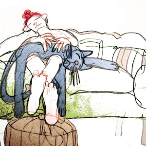 kattenkunst, bankkat, handgemaakt, pen en inkt, kattenillustratie