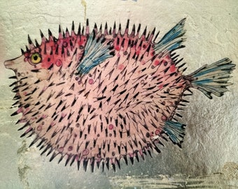 Pesce palla, foglia d'oro, arte originale, arte della fauna selvatica, arte encausto, arte del pesce palla, pesce palla rosa, arte della parete, arte in foglia d'oro, penna e inchiostro,