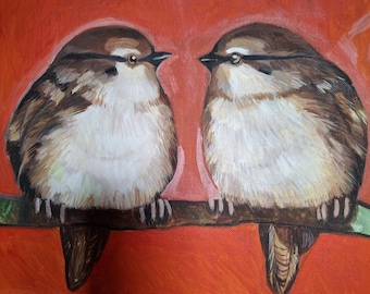 Puede incluir: Una pintura de dos pájaros marrones y blancos posados en una rama sobre un fondo naranja brillante.