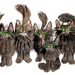 cat art, original cat art, 5 cats art, black cats art, cats illustration pen and ink cats, animal art cats, cat lovers art