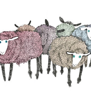 sheep art, sheep illustration , pen and ink, original art, mixed media, animal art, farmyard art, funny sheep, coloured sheep, rainbow sheep
