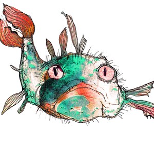 May include: A whimsical illustration of a green and orange fish with large eyes and a spiky fin. The fish is drawn in a cartoon style with watercolor washes.