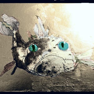 May include: An illustration of a fish with a black and white body, large teal eyes, and detailed fins. The artwork has a whimsical style, with a textured background. The fish appears to be swimming, with its tail and fins extended.
