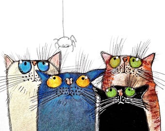 オリジナルのペン画による猫のイラスト、A4サイズのアートプリント