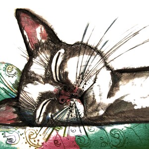 May include: A black and white illustration of a cat sleeping on a green and white patterned surface. The cat's eyes are closed and its whiskers are visible.