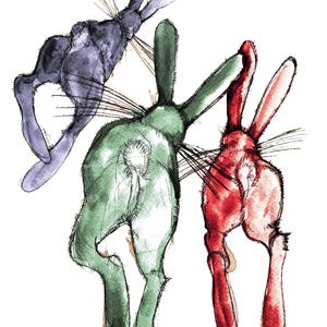 original art hares, 3 hares illustration, original pen and ink art, animal art, hares and rabbits home decor