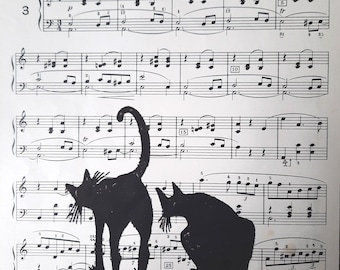 cat art, black cat art, cat on music paper, pen and ink, original art, antique music paper, drawing on music, cat illustration