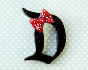 Disney D Brooch - Black Sparkles Classic Disney Brooch with Minnie Bow