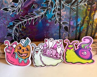 Hand Drawn Whimsical Halloween Snail Stickers: Holographic Witch, Pirate , Pumpkin Snail stickers | Hollie Day Artist