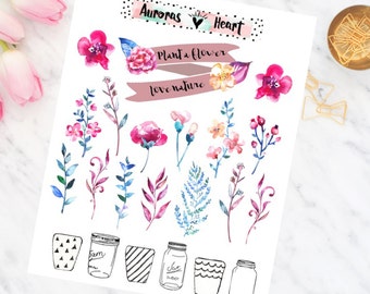 Plant a flower soft watercolor planner stickers boho